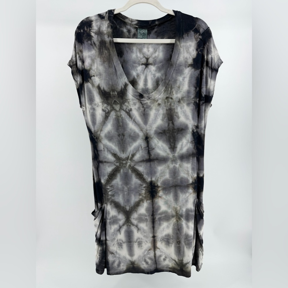 Lucky Brand Bathing Suits Black Grey Tie Dye Pocket Dress/Cover-Up, Women's M/L